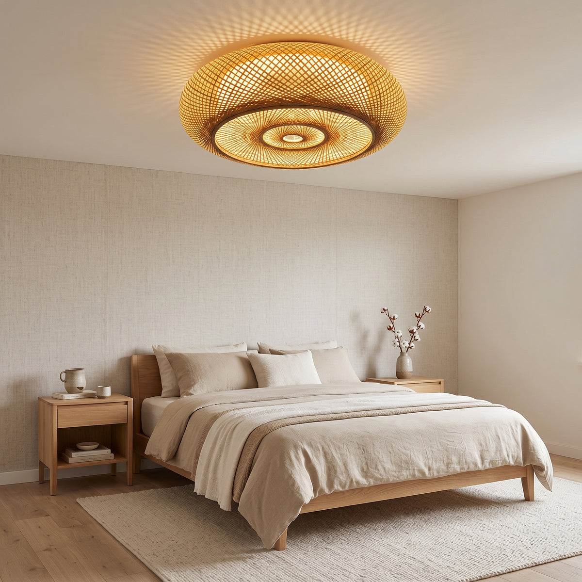 Plafonnier en bambou lanterne plate installé, pour visualiser sa taille réelle