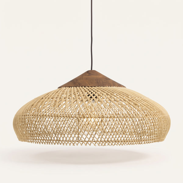 Suspension en rotin plate avec chapeau en bois, 40 ou 60 cm