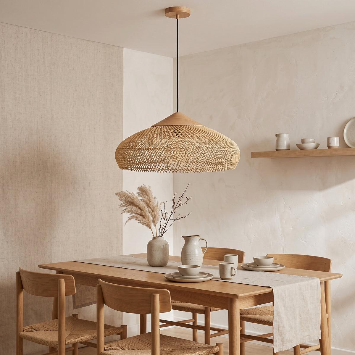 Suspension en rotin plate à chapeau en bois installée, pour visualiser sa taille réelle