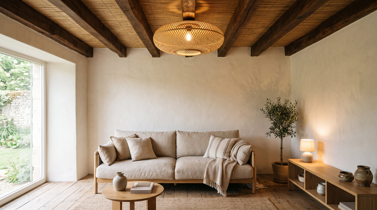 Pièce à plafond bas avec plafonnier en bambou plaqué au plafond