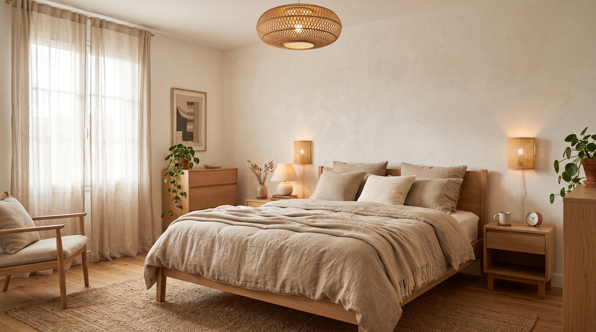 Chambre en lin beige avec plafonnier en bambou et appliques murales tressées de chaque côté du lit