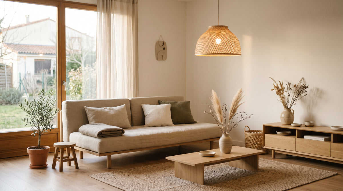 Séjour de style japandi avec suspension en bambou tressé et mobilier en chêne clair