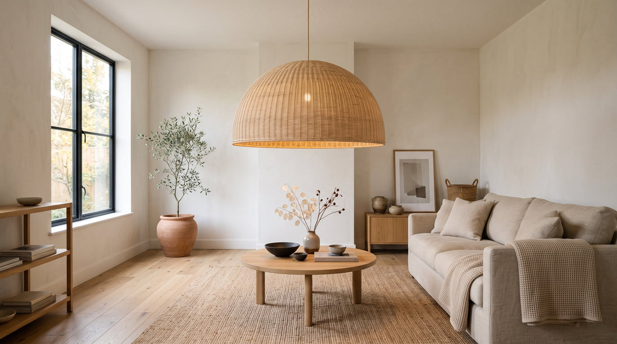 Grande suspension en rotin tressé allumée au-dessus d'une table basse dans un salon japandi