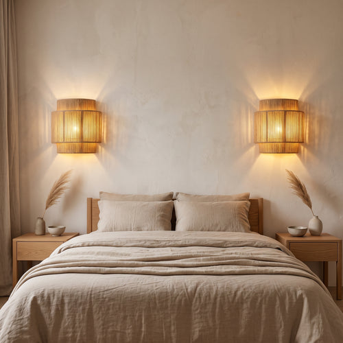 Applique murale en corde de chanvre à étages allumée le soir dans une chambre japandi, de chaque côté du lit