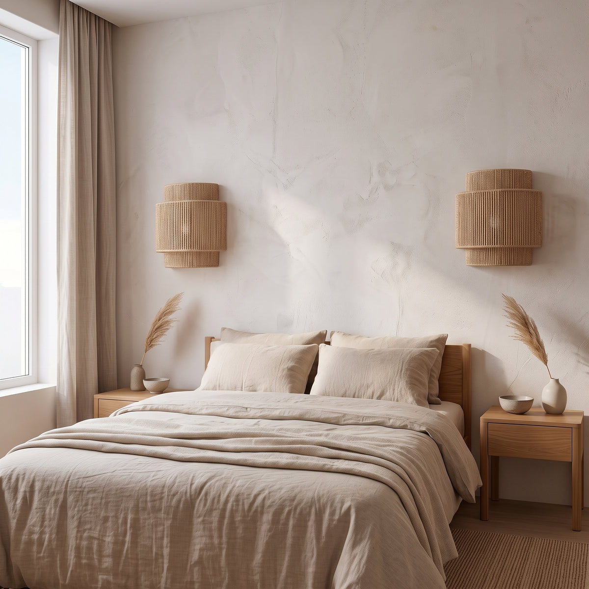 Applique murale en corde de chanvre à étages éteinte en journée dans une chambre japandi, de chaque côté du lit