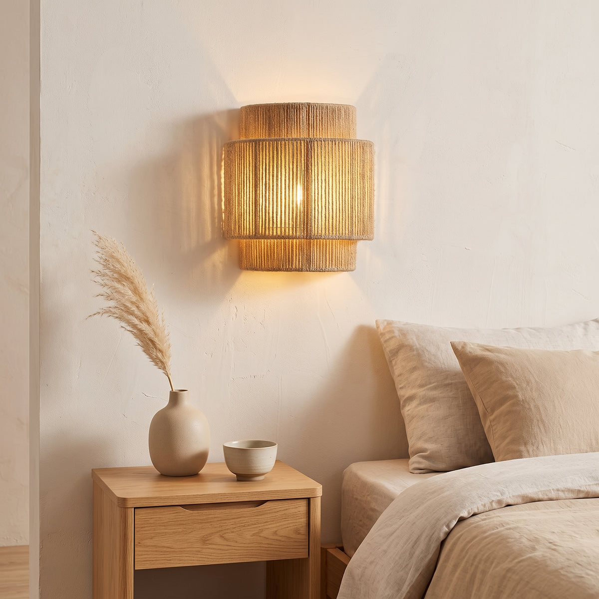 Applique murale en corde de chanvre à étages installée, pour visualiser sa taille réelle