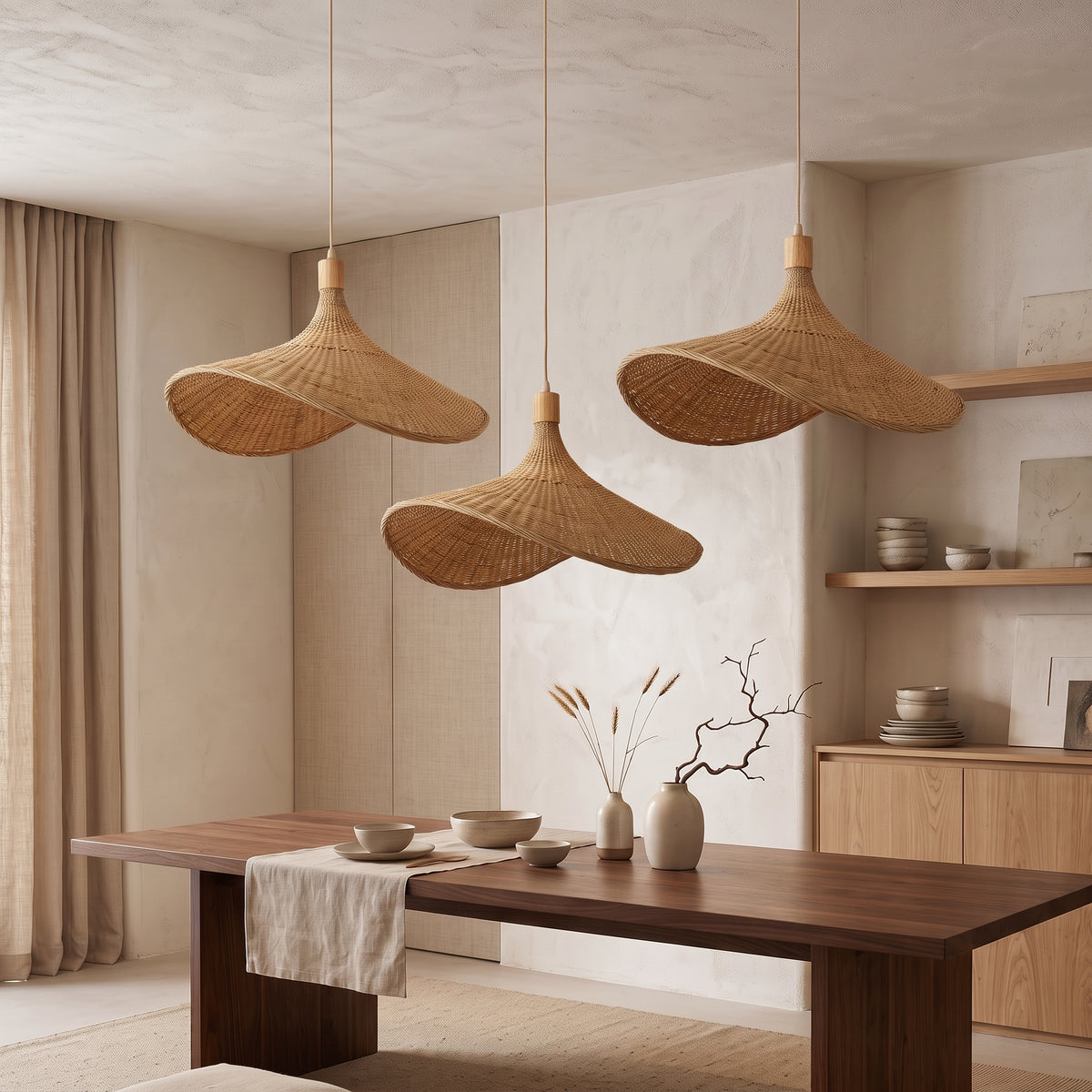 Suspension en bambou chapeau asymétrique éteinte en journée dans une salle à manger d'inspiration japonaise