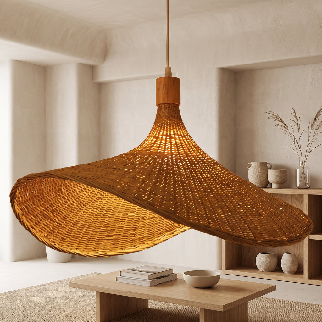 Suspension en bambou chapeau asymétrique dans un salon japandi