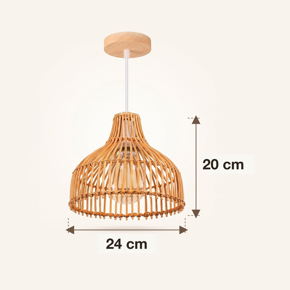 Dimensions : suspension en bambou cloche, 24 cm de diamètre et 20 cm de hauteur