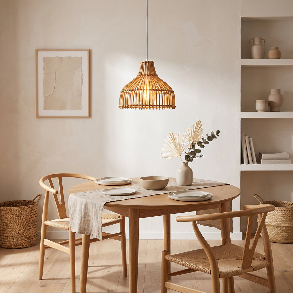 Suspension en bambou cloche dans un coin repas