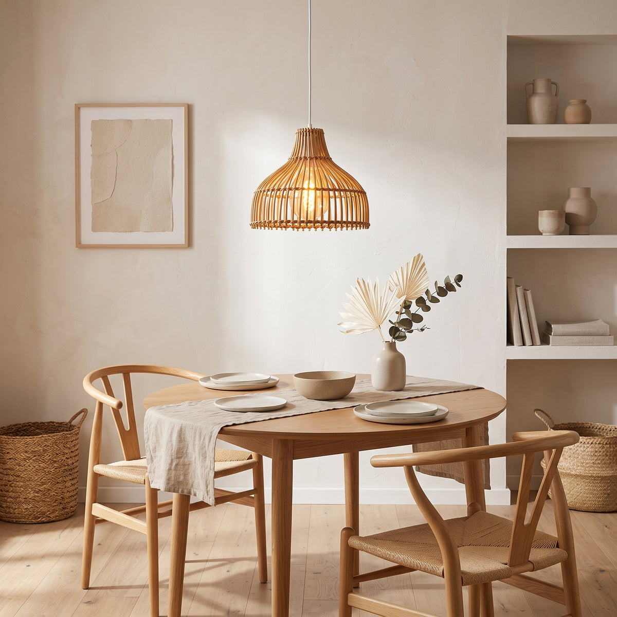 Suspension en bambou cloche dans un coin repas