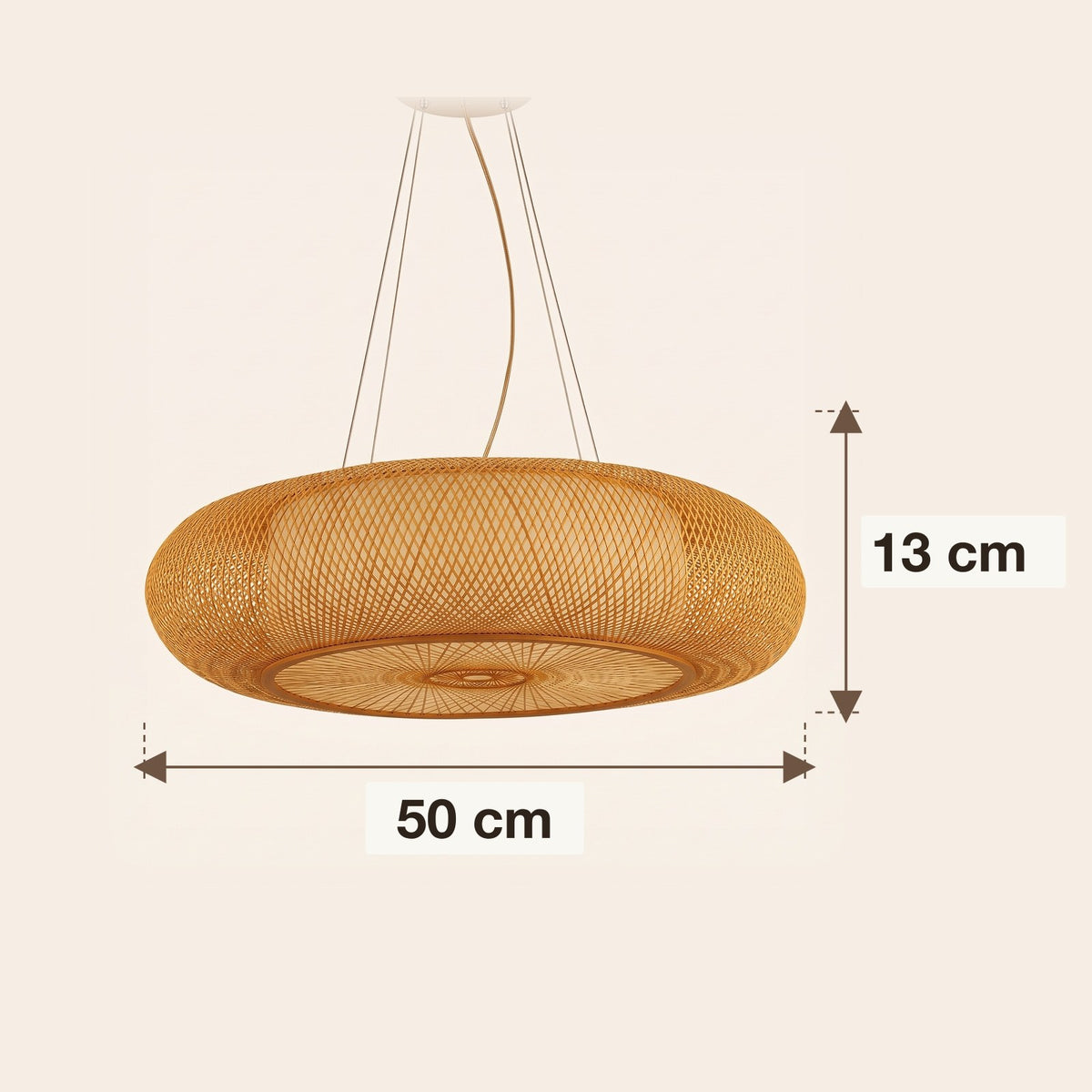 Dimensions : suspension en bambou lanterne plate, 50 cm de diamètre et 13 cm de hauteur