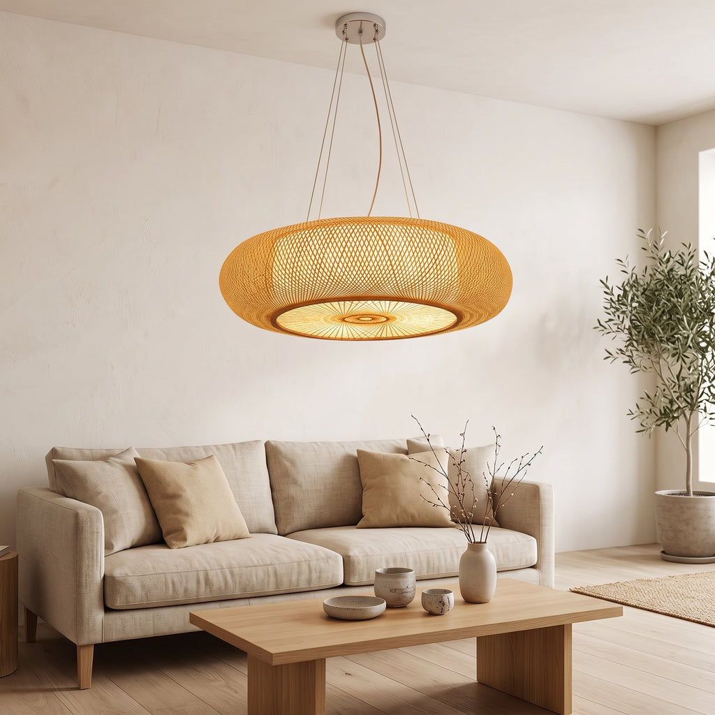 Suspension en bambou lanterne plate installée, pour visualiser sa taille réelle