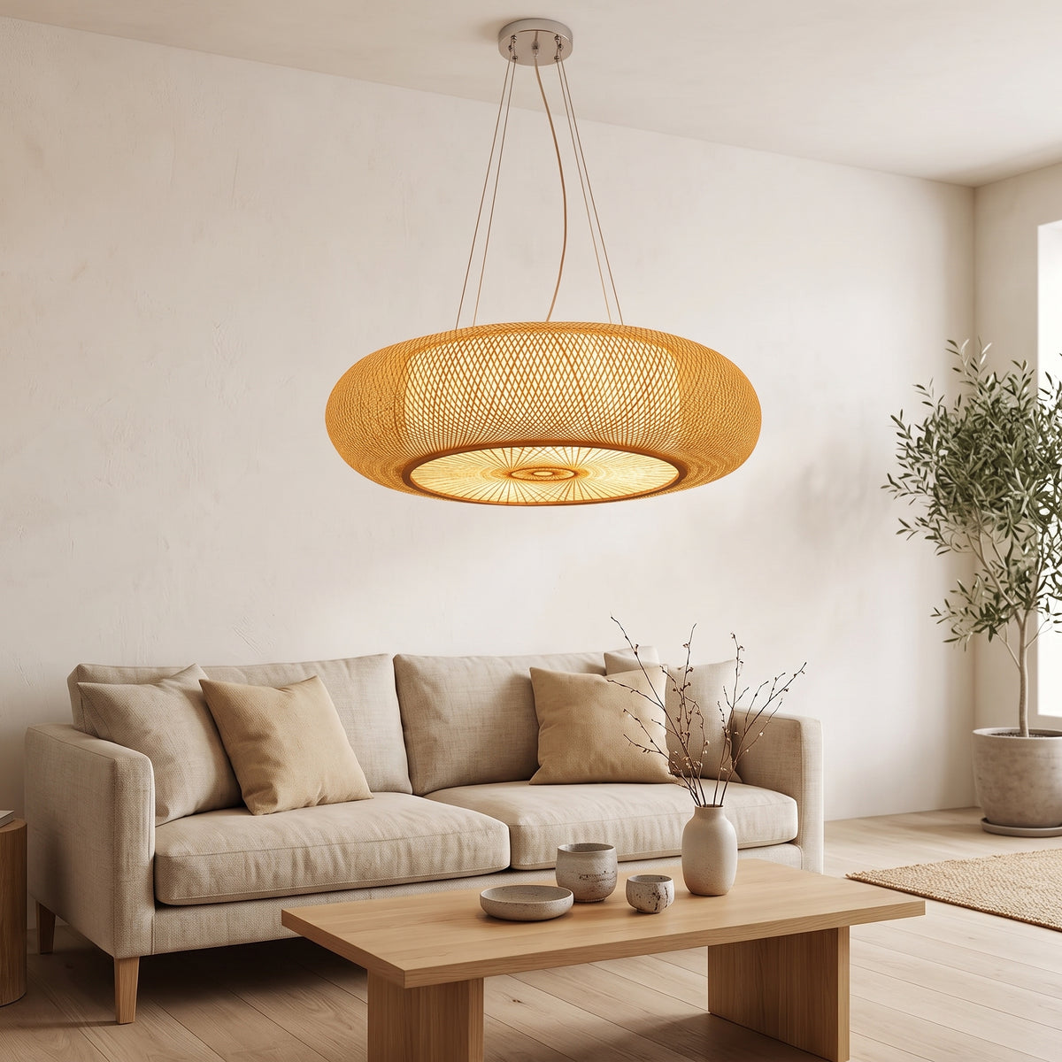 Suspension en bambou lanterne plate installée, pour visualiser sa taille réelle