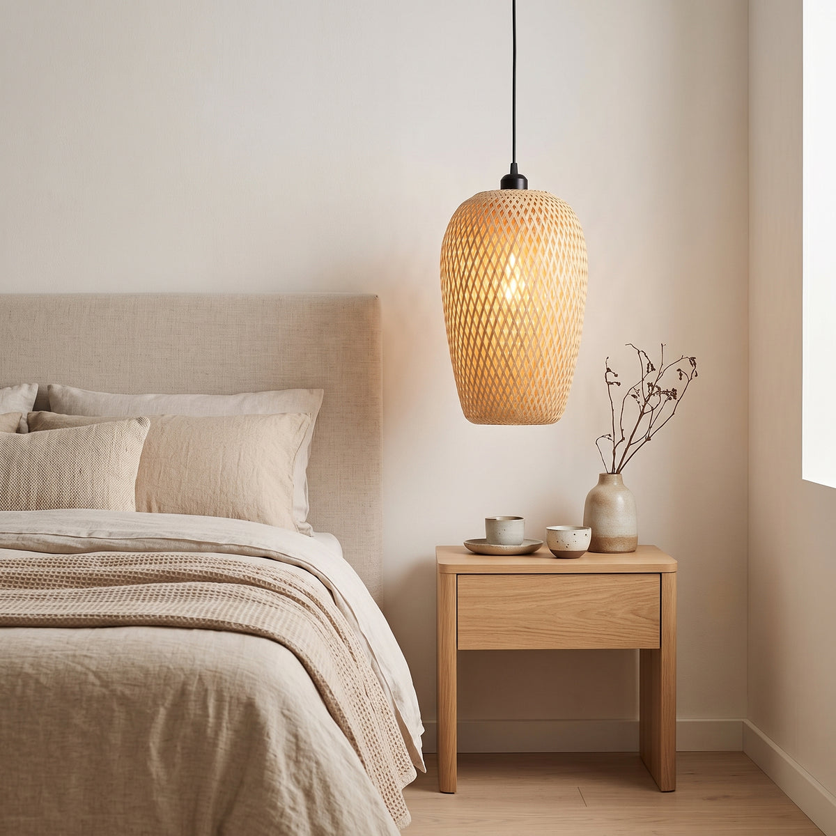 Suspension en bambou ovoïde installée, pour visualiser sa taille réelle