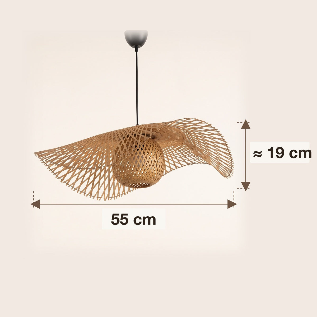 Dimensions : suspension en bambou chapeau vague, 55 cm de diamètre