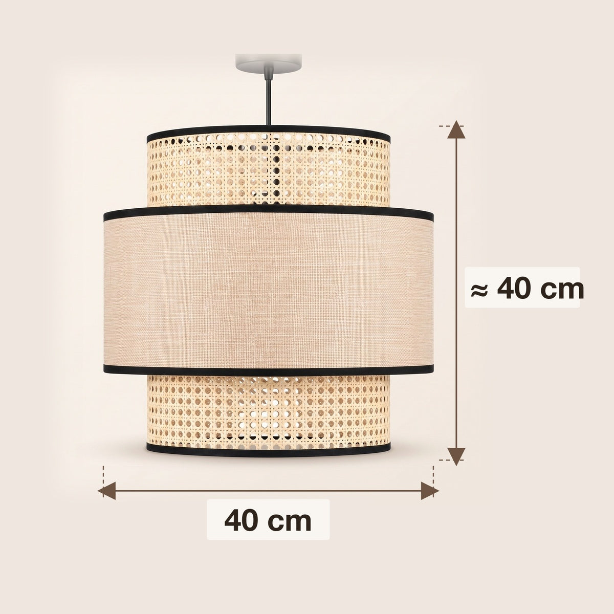 Dimensions : suspension cannage et tissu à étages, 40 cm de diamètre