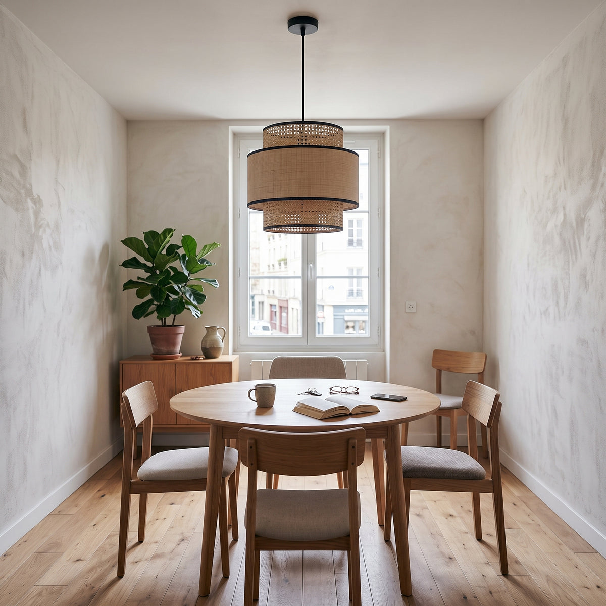 Suspension cannage et tissu à étages installée, pour visualiser sa taille réelle