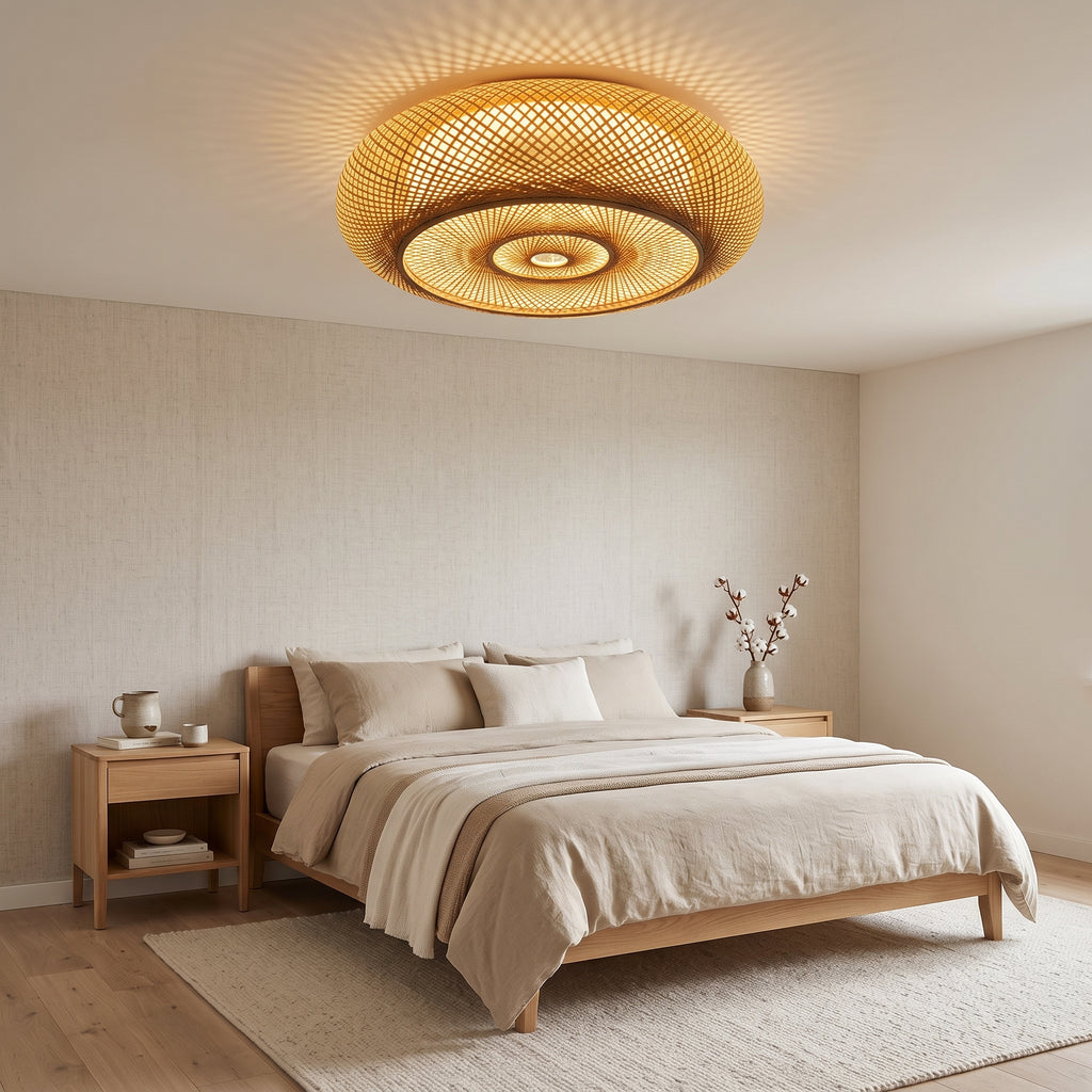 Plafonnier en bambou lanterne plate installé, pour visualiser sa taille réelle