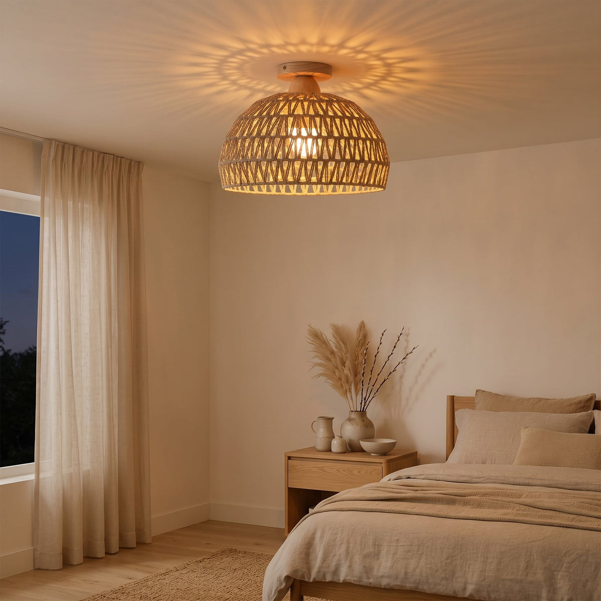 Plafonnier en corde tressée allumé au plafond d'une chambre, ombres du tressage au plafond