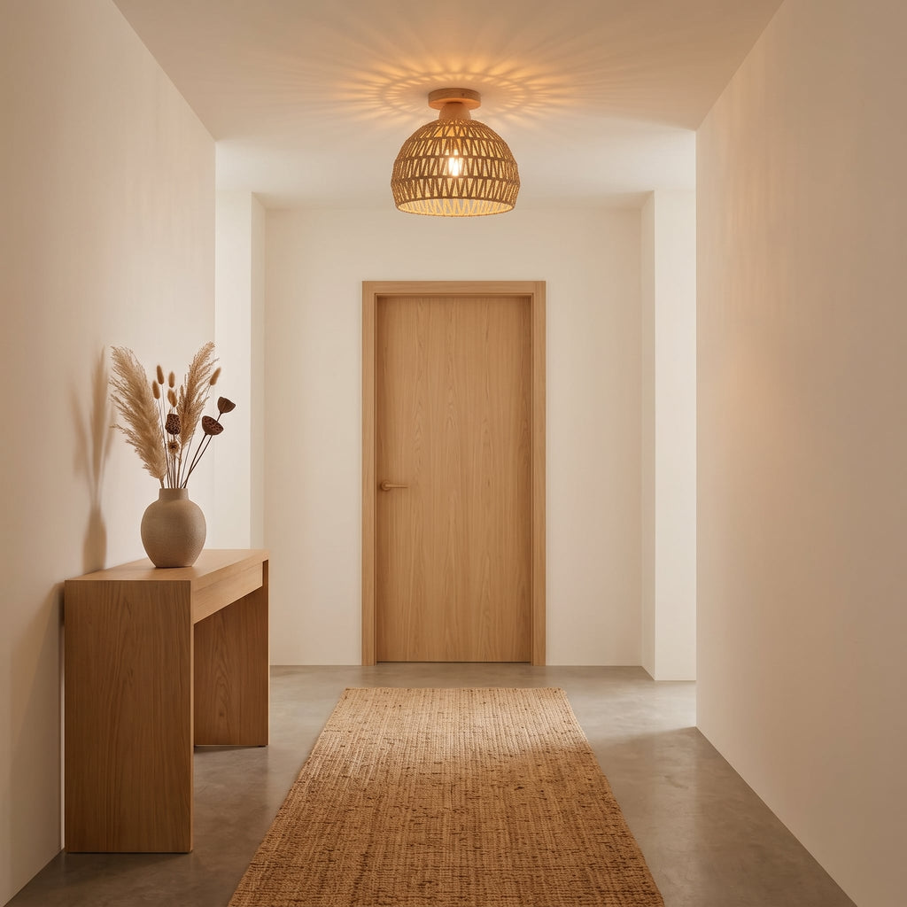 Plafonnier tressé de 30 cm installé dans un couloir, à côté d'une porte, pour visualiser sa taille réelle