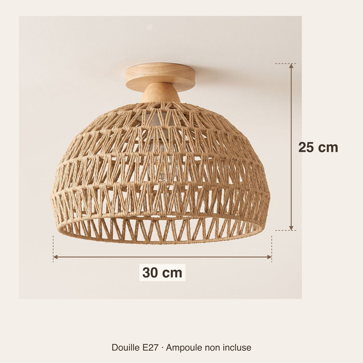 Dimensions du plafonnier bohème tressé : 30 cm de diamètre et 25 cm de hauteur, douille E27