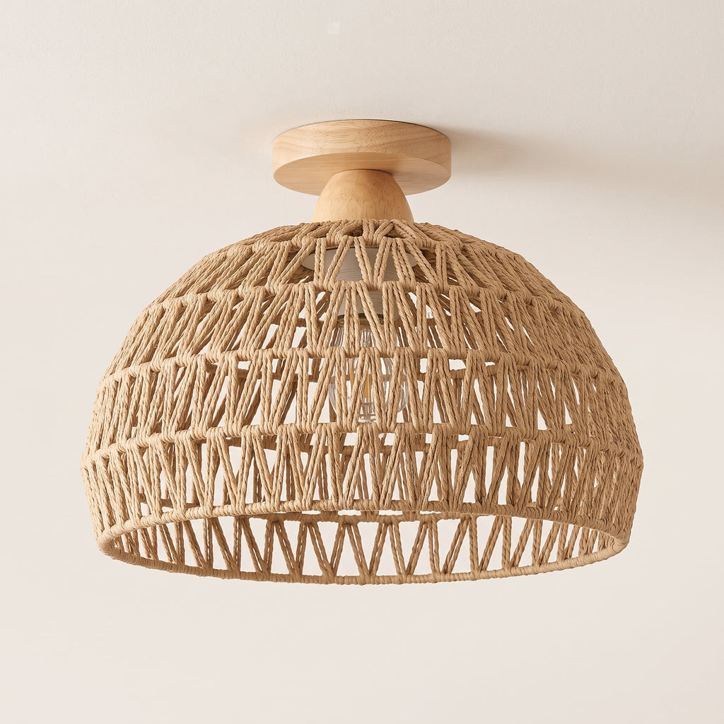 Plafonnier bohème en corde tressée 30 cm avec base en bois, éteint, sur fond clair