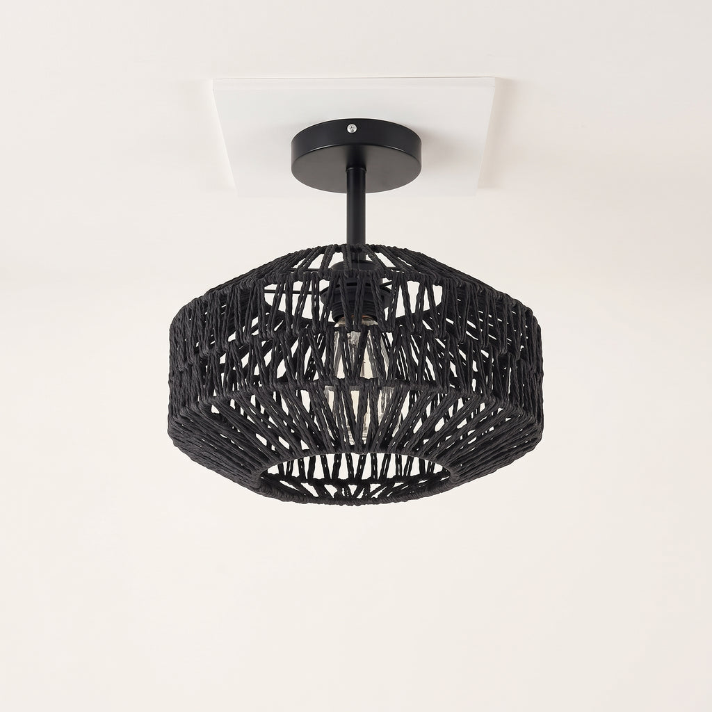 Plafonnier tambour en corde de papier noire, photo produit sur fond clair