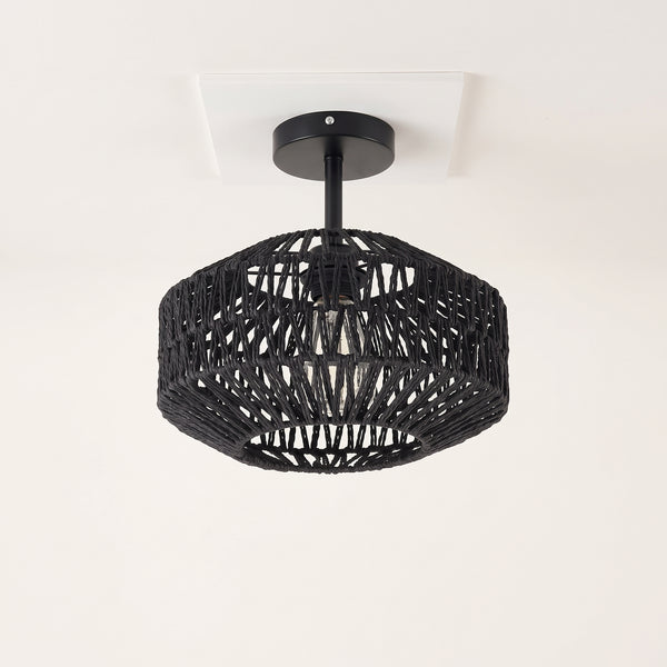 Plafonnier tambour en corde de papier noire 30 cm