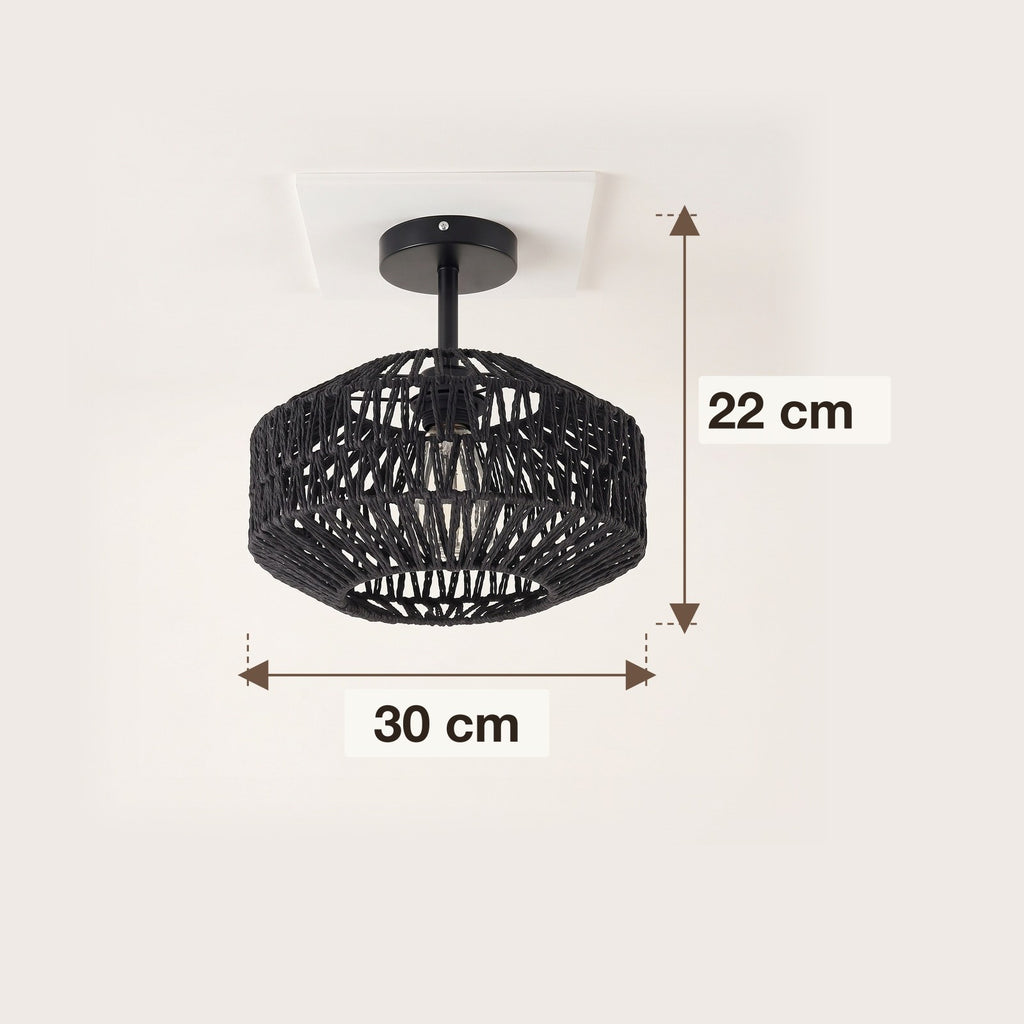 Dimensions : plafonnier tambour en corde de papier noire, 30 cm de diamètre et 22 cm de hauteur