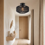 Plafonnier tambour en corde de papier noire installé, pour visualiser sa taille réelle
