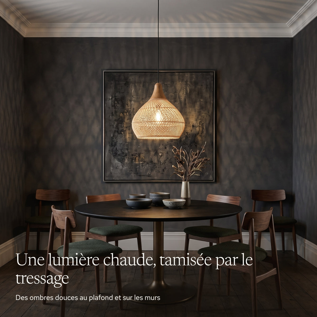 Suspension en rotin arrondie à chapeau en bois allumée le soir au-dessus d'une table : lumière chaude et ombres du tressage