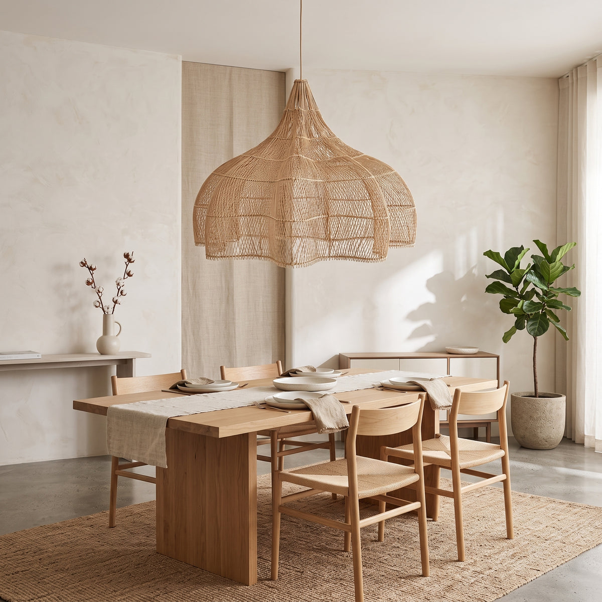 Grande suspension en rotin forme citrouille installée, pour visualiser sa taille réelle
