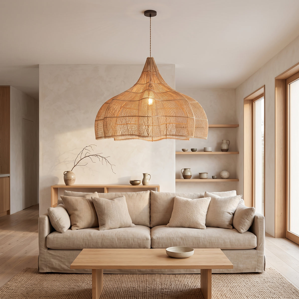 Grande suspension en rotin forme citrouille dans un salon lumineux
