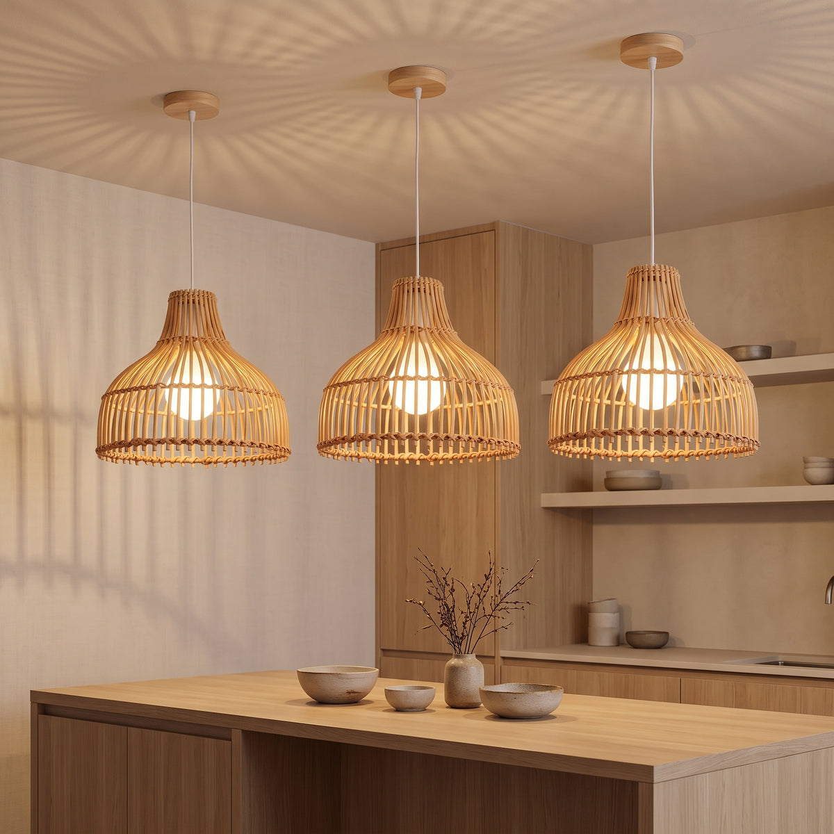 Suspension en rotin cloche à nervures allumée le soir dans une cuisine japandi au-dessus d'un îlot