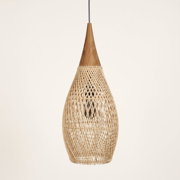 Suspension en rotin goutte 35 × 70 cm, chapeau en bois