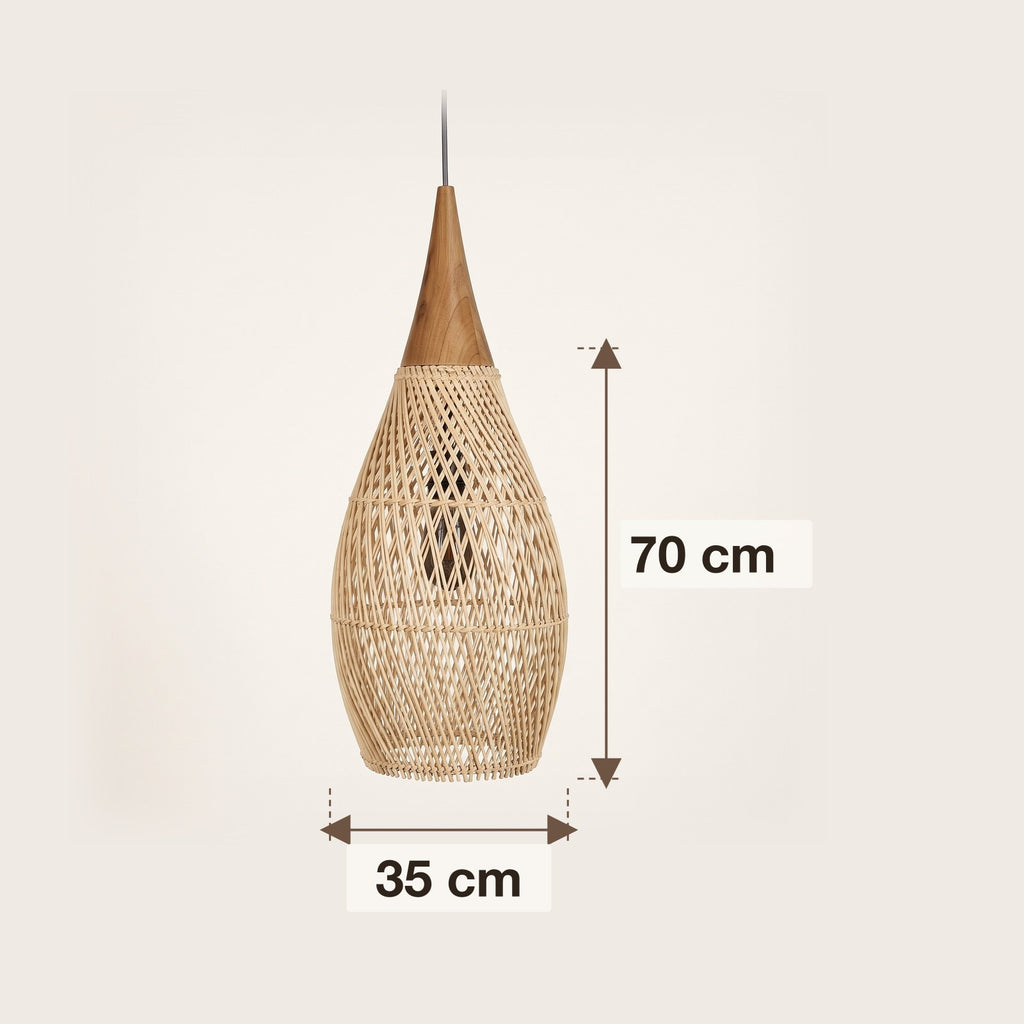Dimensions : suspension en rotin goutte, 35 cm de diamètre et 70 cm de hauteur