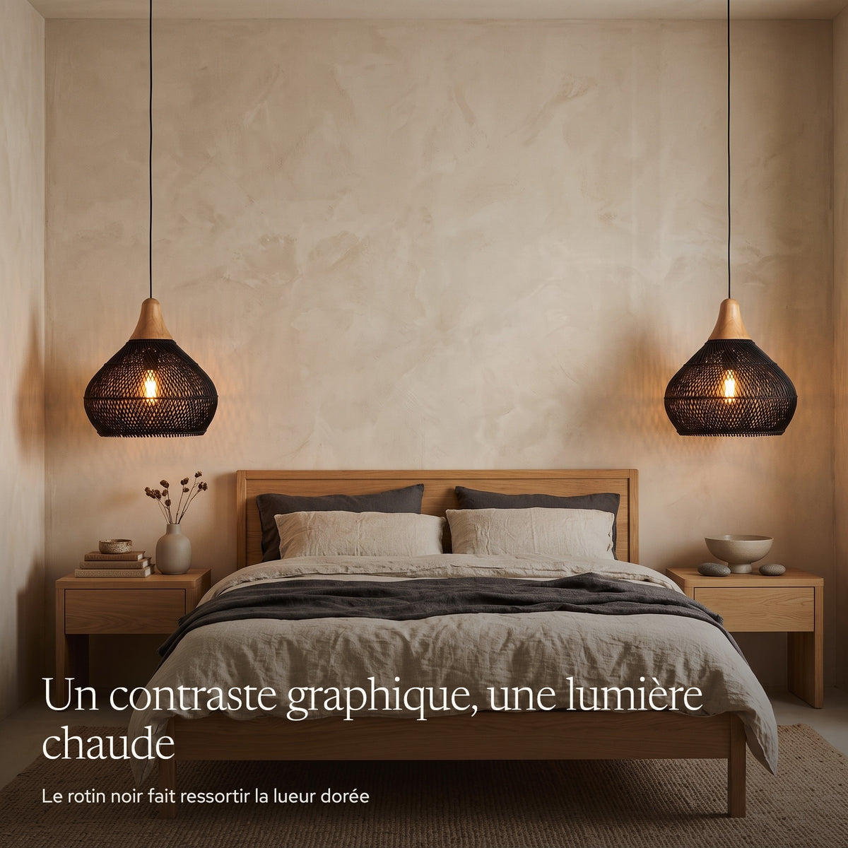 Suspensions en rotin noir allumées le soir de chaque côté du lit
