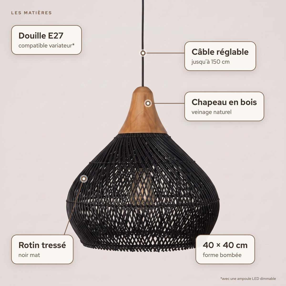 Matières de la suspension en rotin noir arrondie : rotin tressé noir mat, chapeau en bois, câble réglable, douille E27