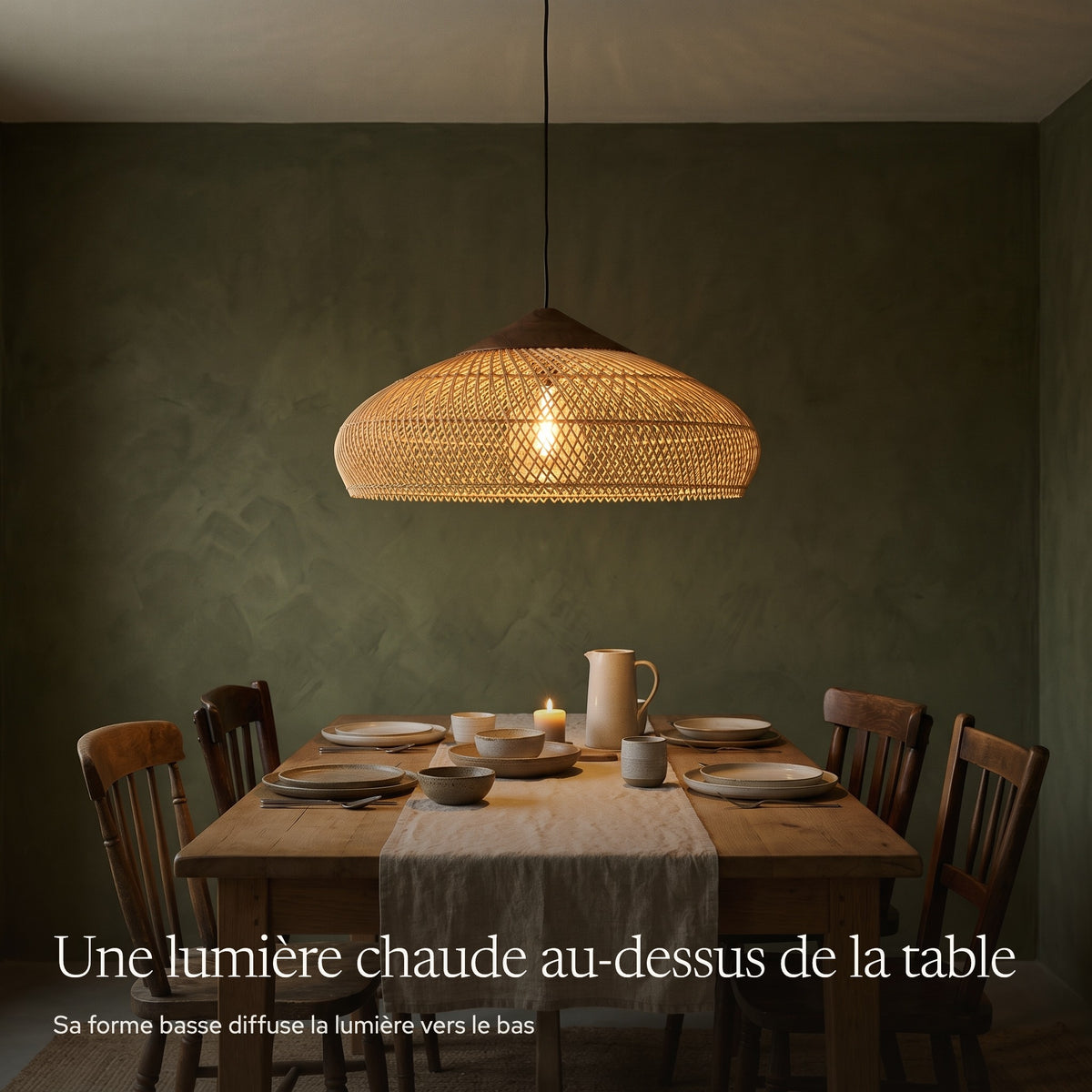 Suspension en rotin plate à chapeau en bois allumée le soir dans une salle à manger japandi