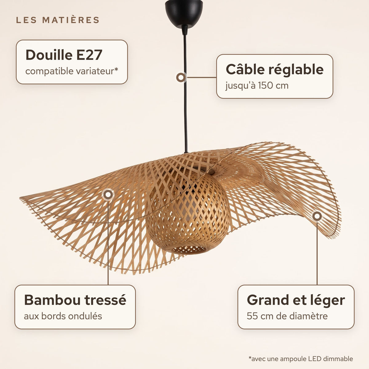 Matières de la suspension en bambou chapeau vague : bambou tressé aux bords ondulés, 55 cm, câble réglable jusqu'à 150 cm, douille E27