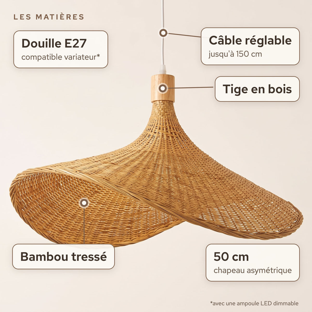 Matières de la suspension en bambou chapeau asymétrique 50 cm : Bambou tressé, Tige en bois, douille E27