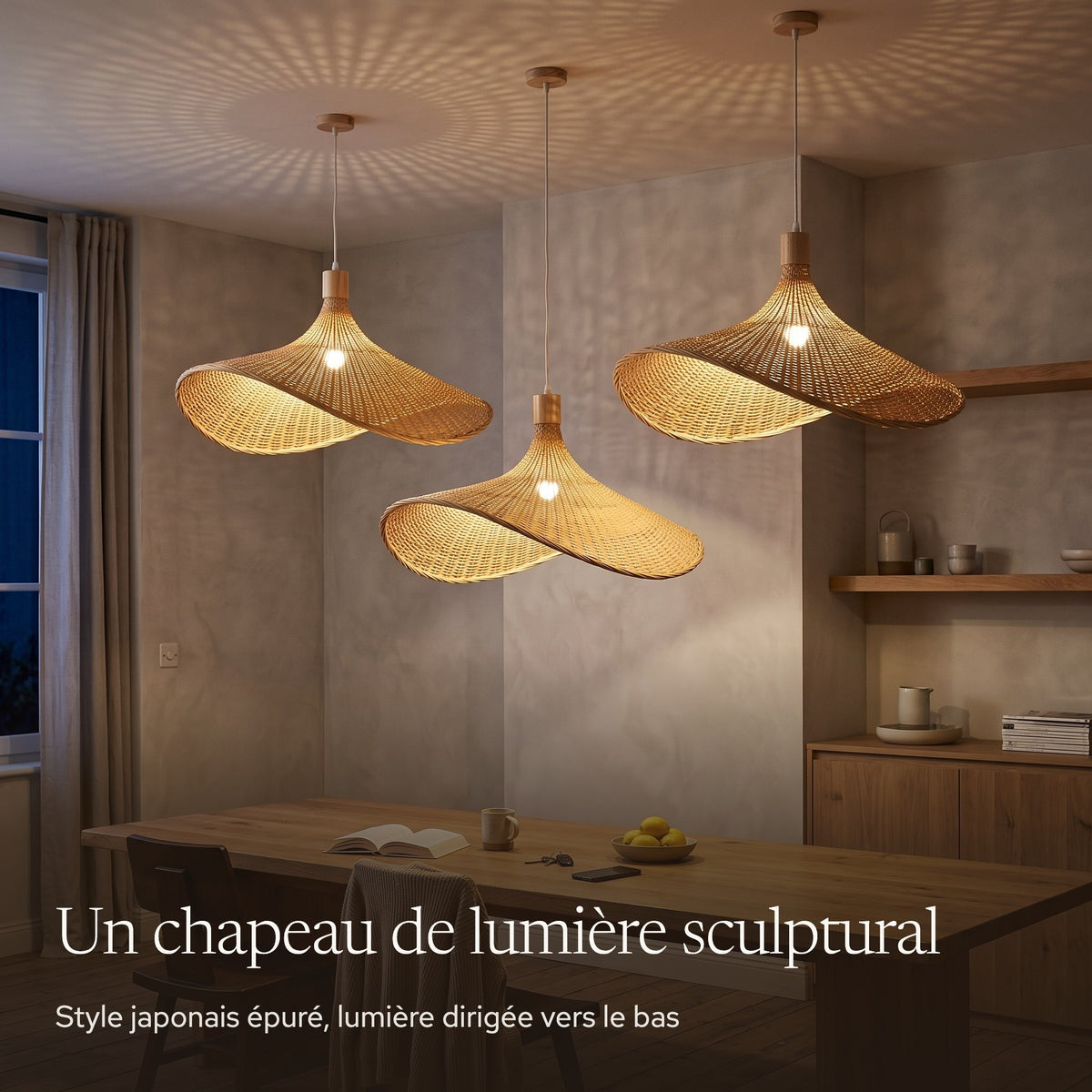 Suspension en bambou chapeau asymétrique allumée le soir dans une salle à manger d'inspiration japonaise