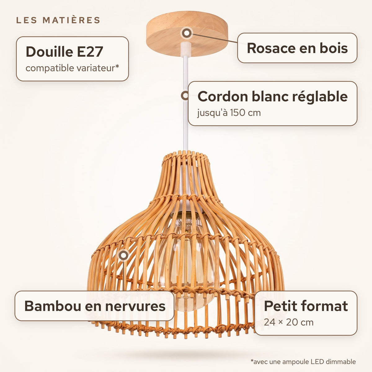 Matières de la suspension en bambou cloche 24 cm, rosace en bois : Bambou en nervures, Rosace en bois, douille E27