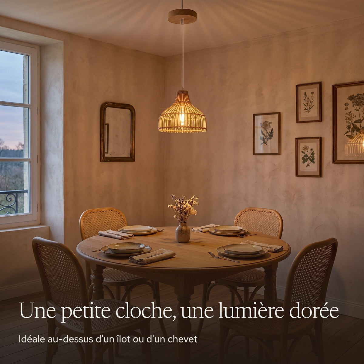 Suspension en bambou cloche allumée le soir dans une cuisine japandi au-dessus d'un îlot