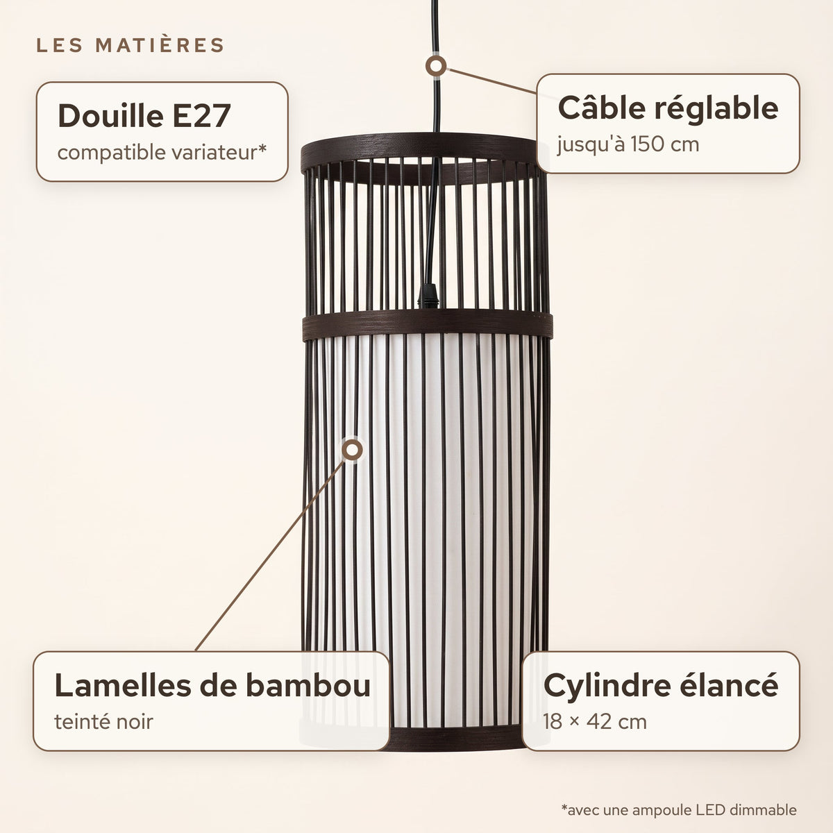 Matières de la suspension en bambou cylindre noir 18 × 42 cm : Lamelles de bambou teinté noir, douille E27