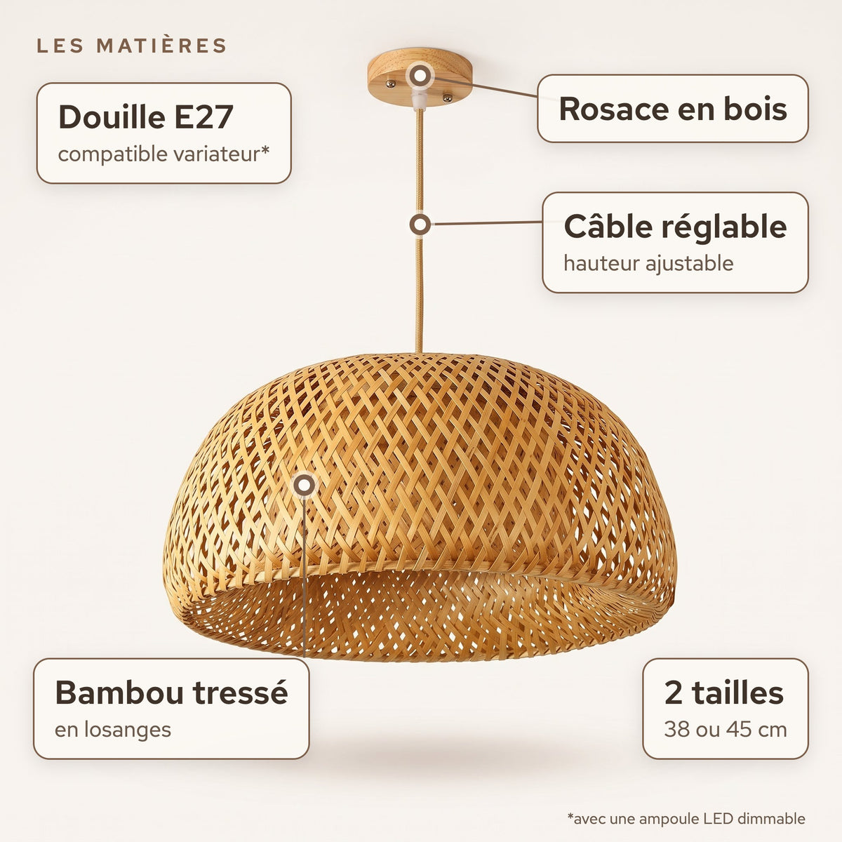 Matières de la suspension en bambou dôme 38 ou 45 cm : Bambou tressé en losanges, Rosace en bois, douille E27