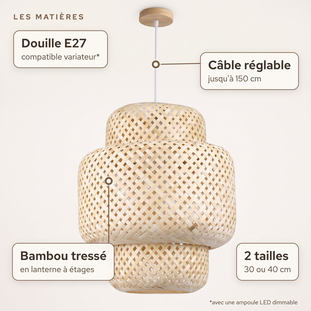 Matières de la suspension en bambou lanterne à étages, 30 ou 40 cm : Bambou tressé en lanterne à étages, douille E27