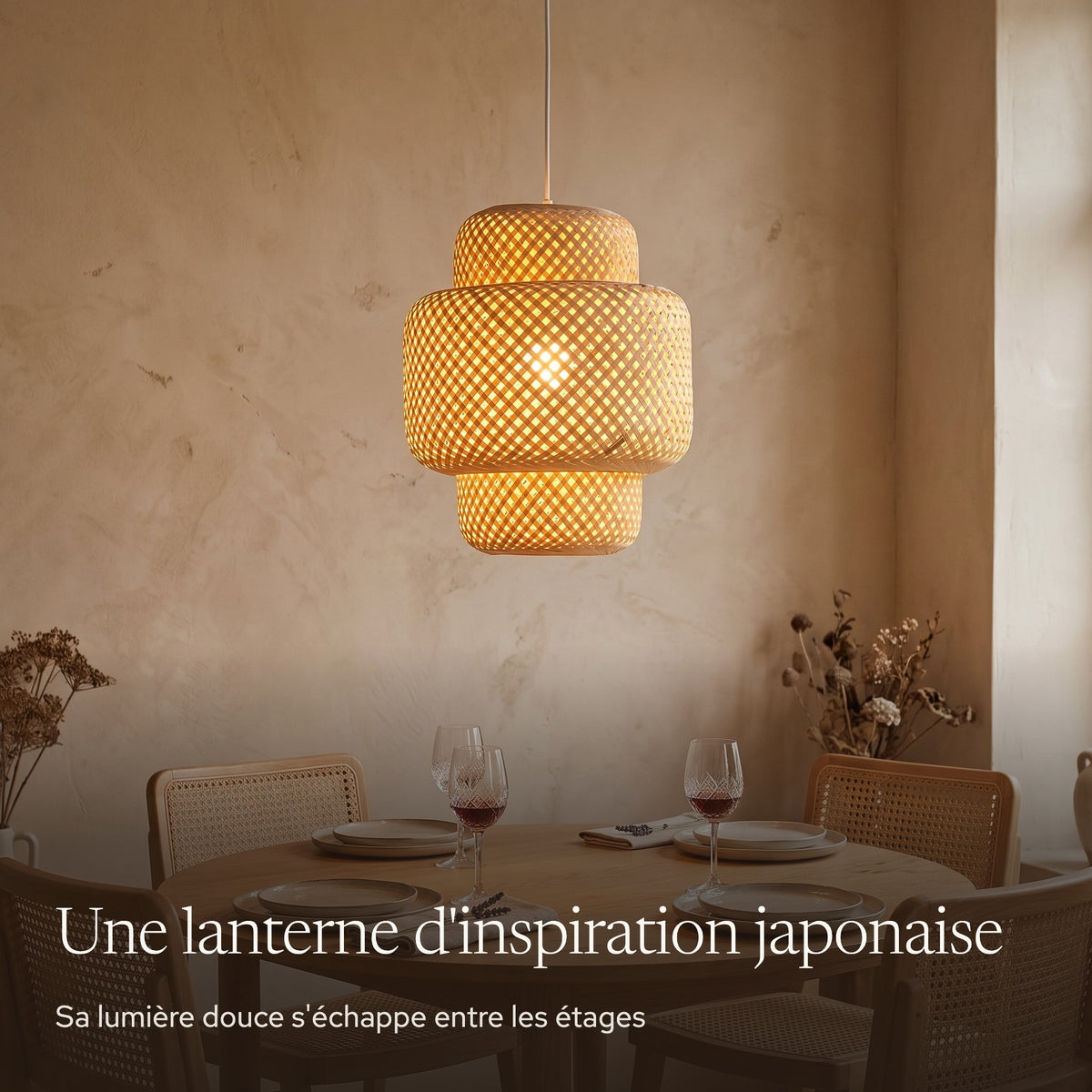 Suspension en bambou lanterne à étages allumée le soir dans une chambre japandi