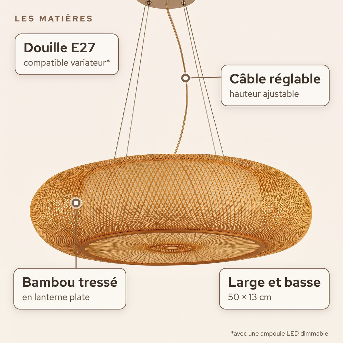 Matières de la suspension en bambou lanterne plate 50 cm : Bambou tressé en lanterne plate, douille E27